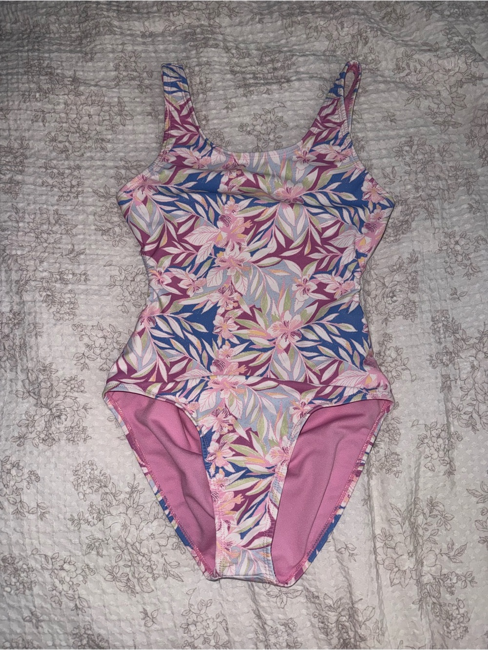 Roxy SPF 50 girls age 12 floral pink one piece swimsuit